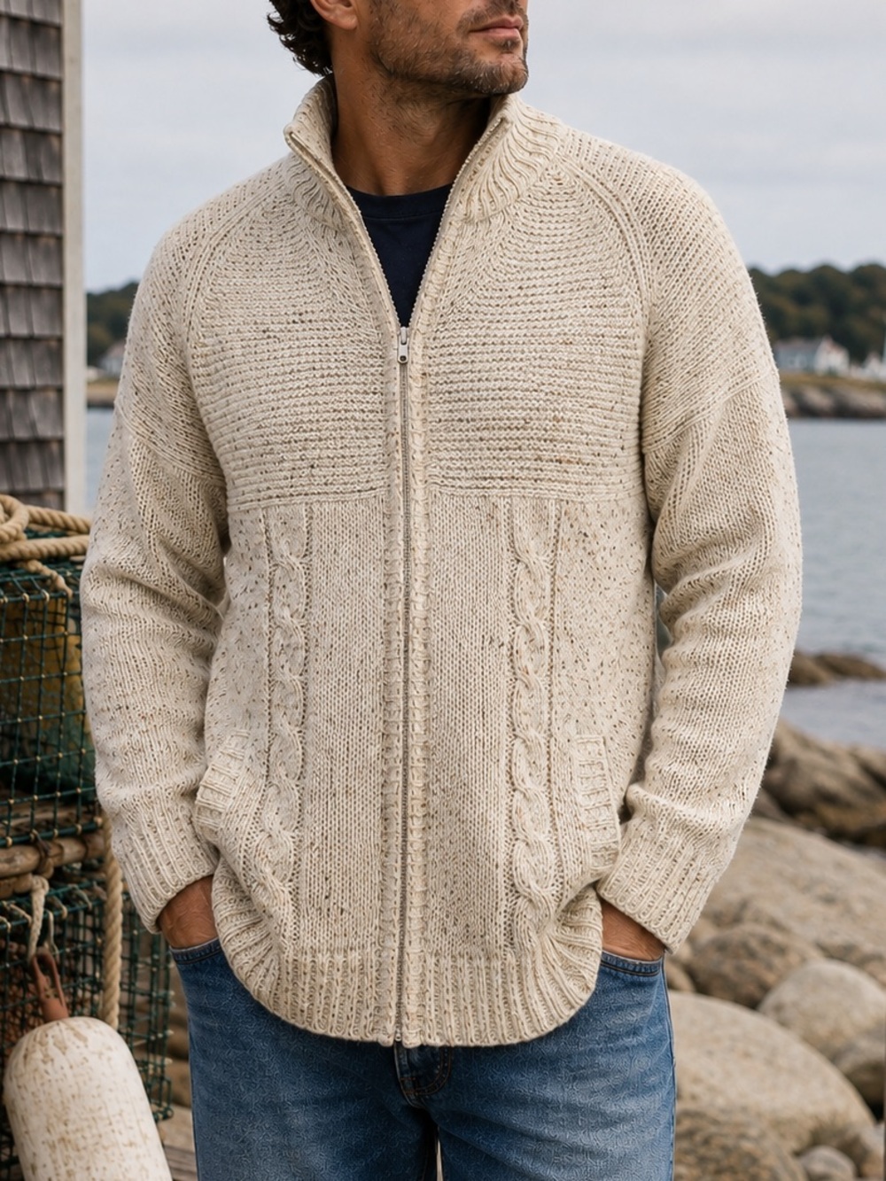 Vintage The Broadway Fisherman Sweater L Full Zip Cable Knit Oatmeal Coastal